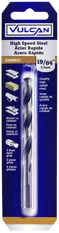 Vulcan Jobber Drill Bit, 19/64 in Dia, 4-3/8 in OAL, 3-Flat Shank