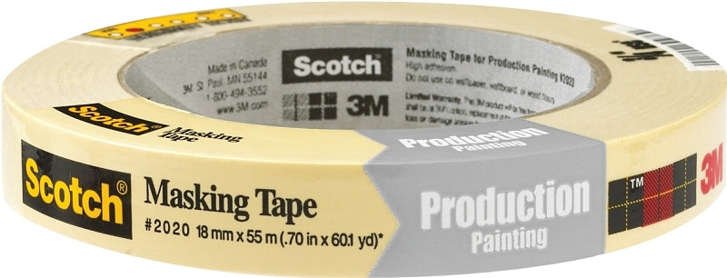 Scotch 2020-.75A Masking Tape, 60 yd L, 3/4 in W, Crepe Paper Backing, Beige