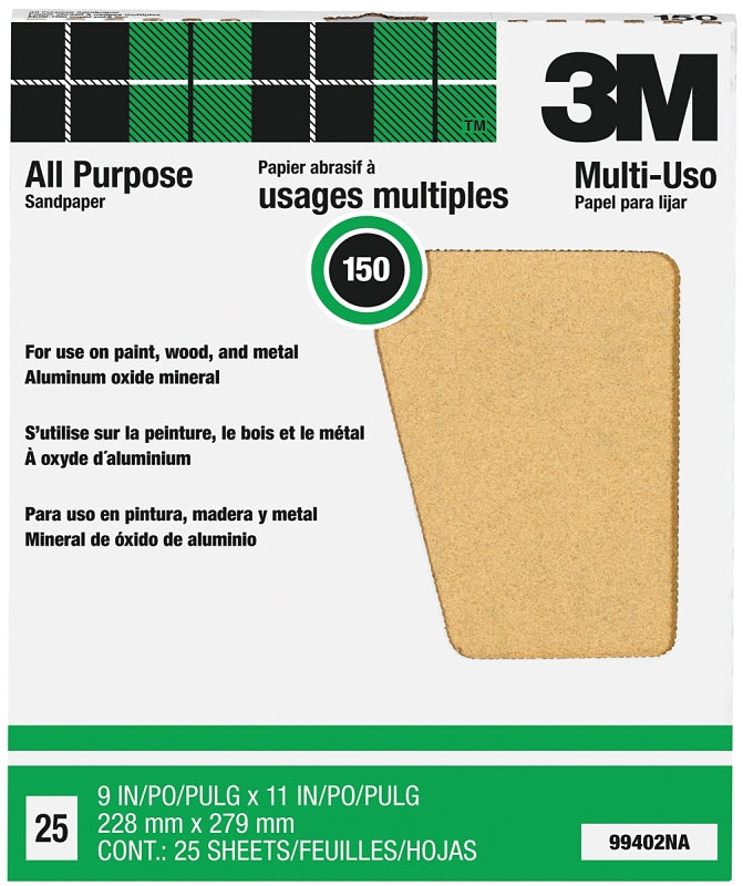 3M 99402NA Sandpaper, 11 in L, 9 in W, Fine, 150 Grit, Aluminum Oxide Abrasive, Paper Backing