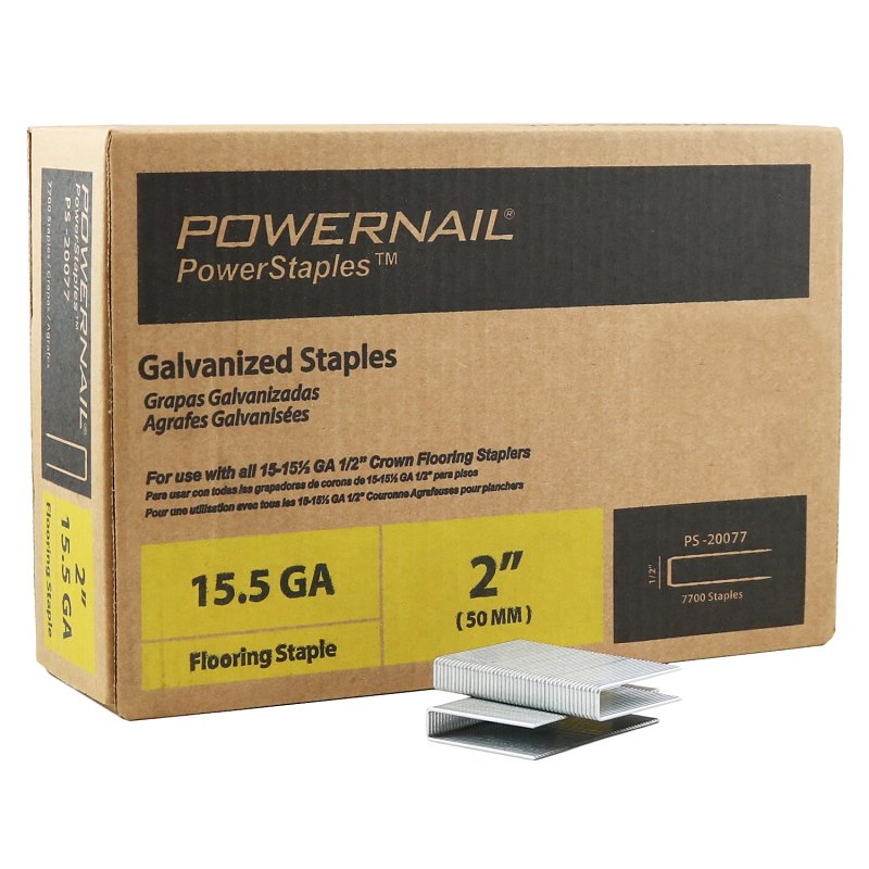 Powernail PowerStaples PS20077 Flooring Staple, 1/2 in W Crown, 2 in L Leg, 15.5 ga, Carbon Steel, Galvanized/Zinc, 7700/PK