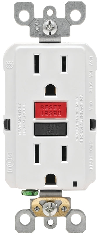 Leviton R72-GFNT1-0RW GFCI Duplex Receptacle, 2 -Pole, 15 A, 125 V, Back, Side Wiring, NEMA: 5-15R, White
