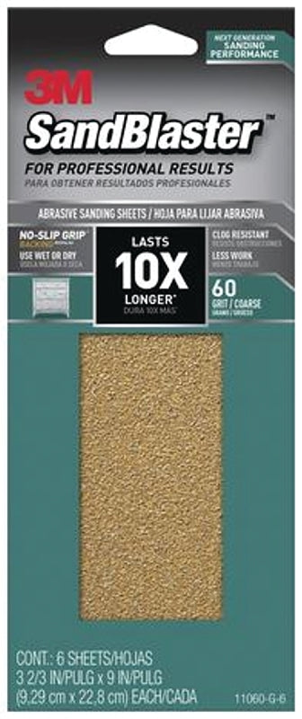 3M SandBlaster Series 11060-G-6 Sandpaper, 9 in L, 3-2/3 in W, 60 Grit, Coarse, Synthetic Mineral Abrasive