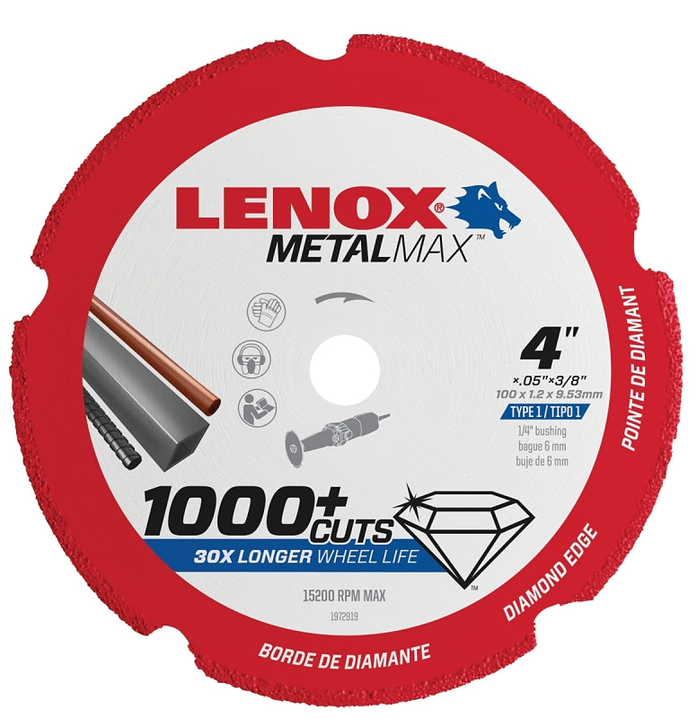 Lenox MetalMax 1972919 Cut-Off Wheel, 4 in Dia, 3/64 in Thick, 3/8 in Arbor, 40, 50 Grit, Diamond Abrasive