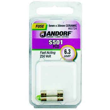 Jandorf 60724 Fast Acting Fuse, 6.3 A, 250 V, 1500 A Interrupt, Ceramic Body