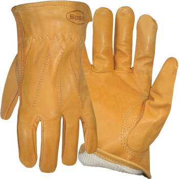 Boss 6133M Gloves, M, Keystone Thumb, Open, Shirred Elastic Back Cuff, Cowhide Leather, Gold