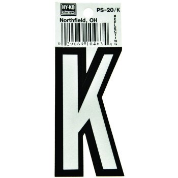 Hy-Ko PS-20/K Reflective Letter, Character: K, 3-1/4 in H Character, Black/White Character, Vinyl