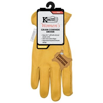 Kinco 98W-M Driver Gloves, Women's, M, Keystone Thumb, Easy-On Cuff, Cowhide Leather, Gold