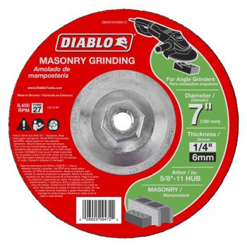 Diablo DBD070250B01C Grinding Wheel, Applicable Materials: Cement, Cinder, Paver Stone, 7 in Dia, 1/4 in Thick