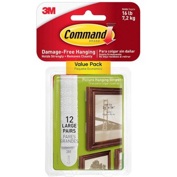 Command 17206-12ES Large Picture Hanging Strip, 3/4 in W, 3-5/8 in L, Foam Backing, White, 4 lb