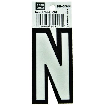 Hy-Ko PS-20/N Reflective Letter, Character: N, 3-1/4 in H Character, Black/White Character, Vinyl