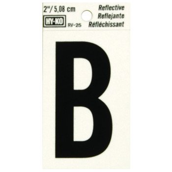 Hy-Ko RV-25/B Reflective Letter, Character: B, 2 in H Character, Black Character, Silver Background, Vinyl