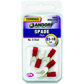 Jandorf 60987 Spade Terminal, 600 V, 22 to 18 AWG Wire, #8 Stud, Vinyl Insulation, Copper Contact, Red