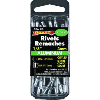 Arrow RSA1/8 Pop Rivet, Short, 1/8 in L, Aluminum, 25/PK