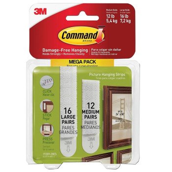 Command 17209-28ES Medium and Large Picture Hanging Strip, 12, 16 lb, Plastic, White