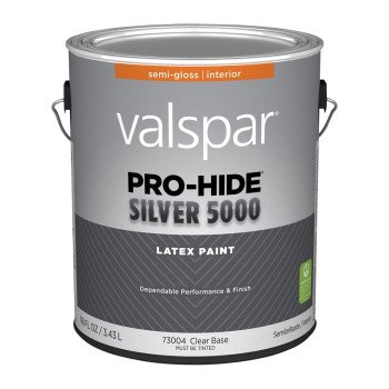 Valspar Pro-Hide 028.0073004.007 Silver 5000 Interior Paint, Water Base, Semi-Gloss Sheen, Clear, 1 gal, Metal Pail