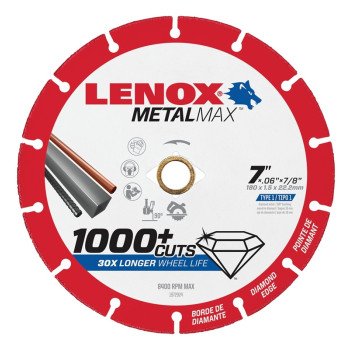 Lenox MetalMax 1972924 Cut-Off Wheel, 7 in Dia, 1/16 in Thick, 7/8 in Arbor, 40, 50 Grit, Diamond Abrasive