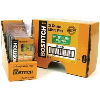 Bostitch PT-2312-3M Pin Nail, 0.64 in Dia, 1/2 in L, 23 ga Thick, Steel, Bright