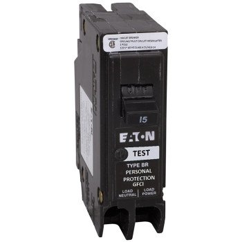 Eaton BRP115GFC Circuit Breaker, GFCI, Type BR, 15 A, 1-Pole, 120 VAC, Center, Long Time, Instantaneous Trip