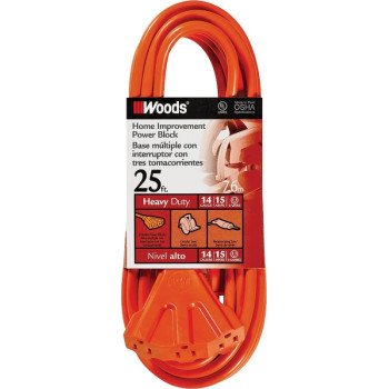 CCI 0825 Extension Cord, 14 AWG Cable, 25 ft L, 15 A, 125 V, Orange