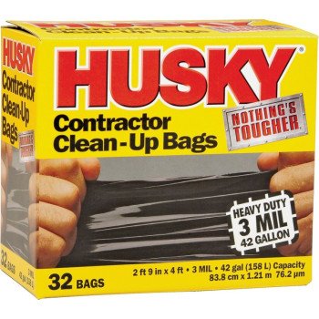 Husky HK42WC032B Contractor Clean-Up Bag, 42 gal Capacity, Polyethylene, Black