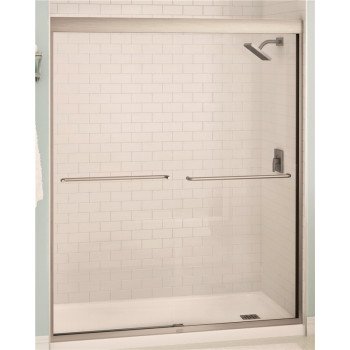 Maax Aura 135665-900-305-00 Shower Door, Brushed Nickel Frame, Clear Glass, Tempered Glass, Semi Frame, 2-Panel, Glass