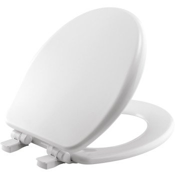 Mayfair 64SLOW 000 Toilet Seat, Round, Wood, White, Adjustable, Easy Clean and Change Hinge