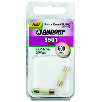 Jandorf 60727 Fast Acting Fuse, 500 mA, 250 V, 1500 A Interrupt, Ceramic Body