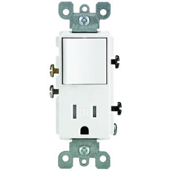 Leviton 5625 Series R62-T5625-0WS Combination Switch/Receptacle, 1-Pole, 15 A, 120 V Switch, 125 V Receptacle, White