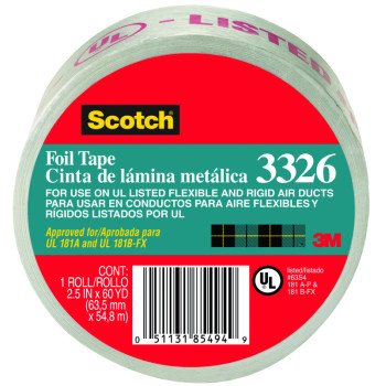 Scotch 3326-A Foil Tape, 60 yd L, 2-1/2 in W, Aluminum Backing, Silver