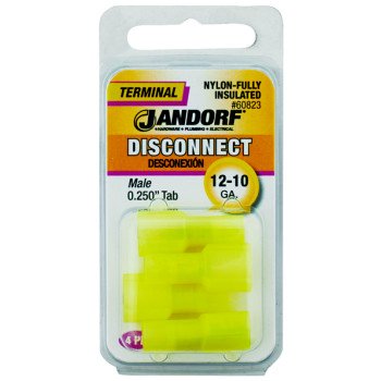 Jandorf 60823 Disconnect Terminal, 12 to 10 AWG Wire, Nylon Insulation, Copper Contact, Yellow, 4/PK