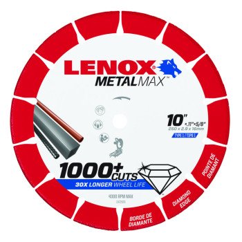 Lenox MetalMax 1972926 Cut-Off Wheel, 10 in Dia, 0.1 in Thick, 5/8 in Arbor, 25, 30 Grit, Diamond Abrasive