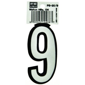 Hy-Ko PS-20/9 Reflective Sign, Character: 9, 3-1/4 in H Character, Black/White Character, Vinyl