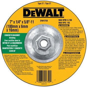 DEWALT DW4759 Grinding Wheel, Applicable Materials: Masonry, 7 in Dia, 1/4 in Thick, 5/8-11 in Arbor, 24 Grit