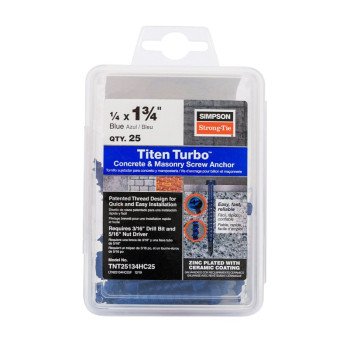 Simpson Strong-Tie Titen Turbo TNT25134HC25 Screw Anchor, 1/4 in Dia, 1-3/4 in L, Carbon Steel, Zinc Plated