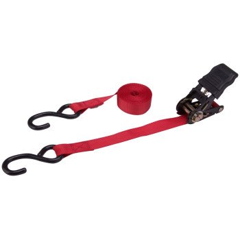 ProSource FH64056 Tie-Down, 1 in W, 14 ft L, Polyester Webbing, Metal Ratchet, Red, 500 lb, S-Hook End Fitting