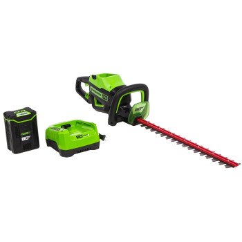 Greenworks 2203902 Hedge Trimmer, Battery Included, 2 Ah, 80 V, 3/4 in Cutting Capacity, 26 in Blade, Rear Handle