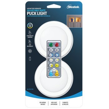 Westek BL-PCCT-W2 Adjustable Puck Light, 3.37 in Dia, AA Battery, LED Lamp, 80 Lumens, White, 2/CD