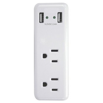 PowerZone ORUSB242 Outlet Charger, 2.4 A, 2-USB Port, 2-Outlet, White