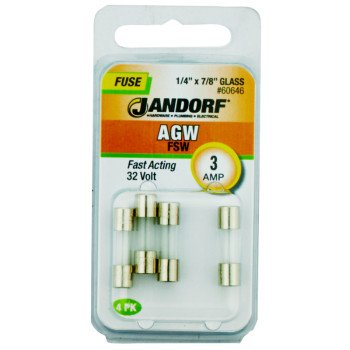 Jandorf 60646 Fast Acting Fuse, 3 A, 32 V, 10 kA Interrupt, Glass Body