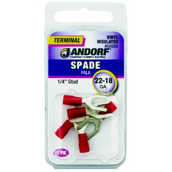 Jandorf 60990 Spade Terminal, 600 V, 22 to 18 AWG Wire, 1/4 in Stud, Vinyl Insulation, Copper Contact, Red