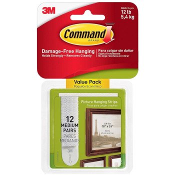 Command 17204-12ES Medium Picture Hanging Strip, 3/4 in W, 2-3/4 in L, Foam Backing, White, 3 lb