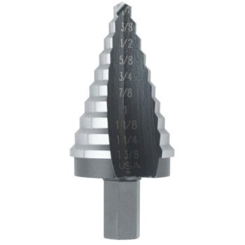 Irwin Unibit 10235 Step Drill Bit, 1/4 to 1-3/8 in Dia, 3-1/8 in OAL, 1-Flute, 1/2 in Dia Shank, Hex Shank