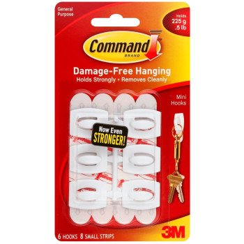 Command 17006 Mini Hook, 0.5 lb, 6-Hook, Plastic, White