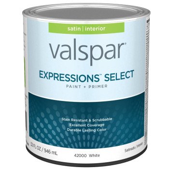 Valspar Expressions Select 4200 028.0042000.005 Latex Paint, Acrylic Base, Satin Sheen, White Base, 1 qt