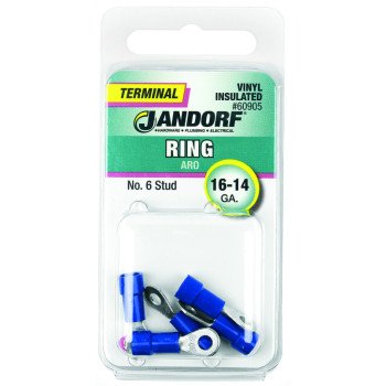 Jandorf 60905 Ring Terminal, 16 to 14 AWG Wire, #6 Stud, Vinyl Insulation, Copper Contact, Blue