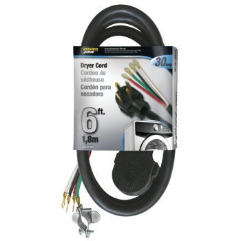 PowerZone ORD100406 Power Supply Dryer Cord, 10 AWG Cable, 6 ft L, 250 V, Black