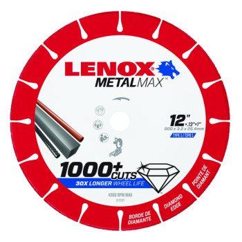 Lenox MetalMax 1972927 Cut-Off Wheel, 12 in Dia, 0.13 in Thick, 1 in Arbor, 25, 30 Grit, Diamond Abrasive