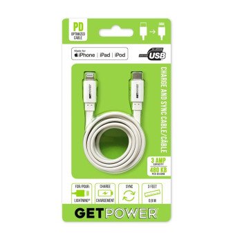 GetPower GP-USBC-ACL Sync and Charging Cable, USB Type C, Lightning, White, 3 ft L