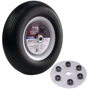 MARTIN Wheel 408RBPU31 Wheelbarrow Wheel with Universal Hub, 4.8 x 4/8 in Tire, 16 in , Ribbed Tread, Flat Free