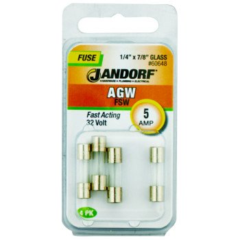 Jandorf 60648 Fast Acting Fuse, 5 A, 32 V, 10 kA Interrupt, Glass Body